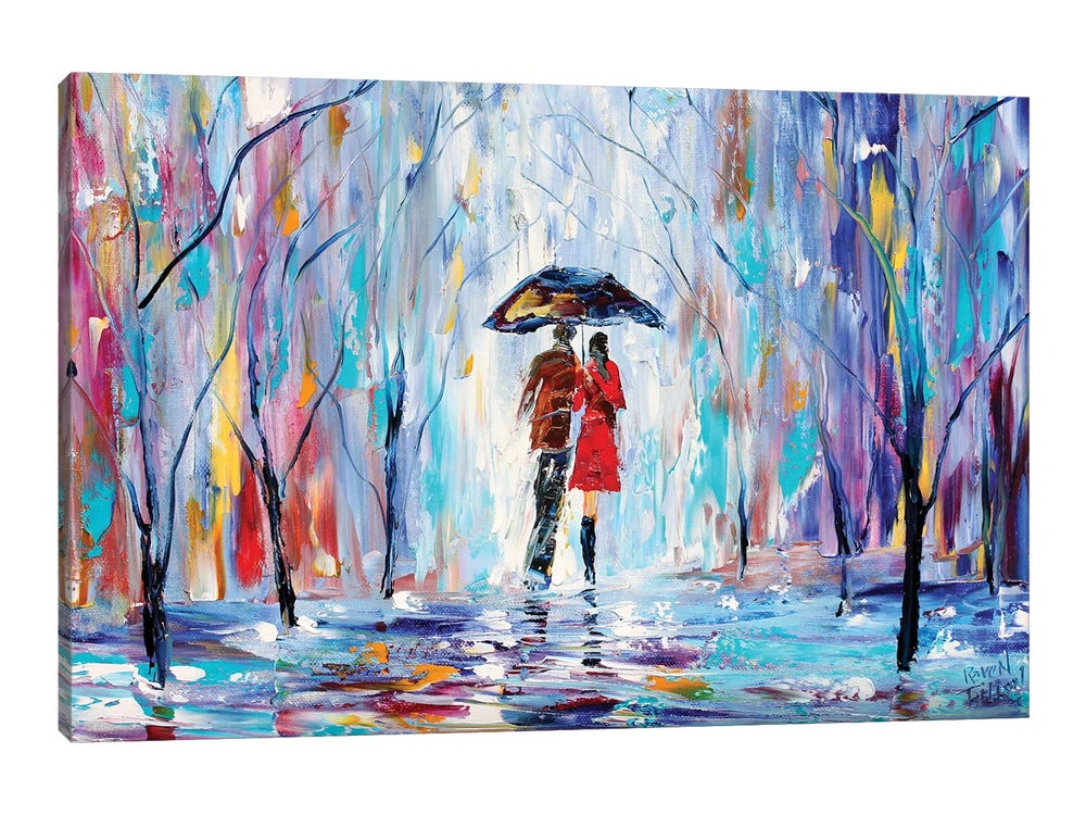 Art Street Couple in The Rain Art Print, Landscape Canvas Paint