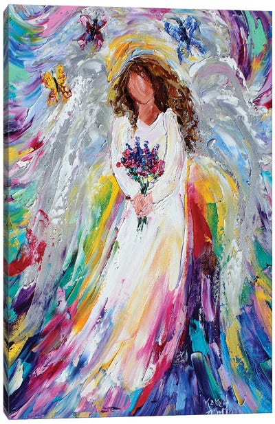Spring Angel With Wildflowers And Butterflies Canvas Art Print - Black Christmas Art