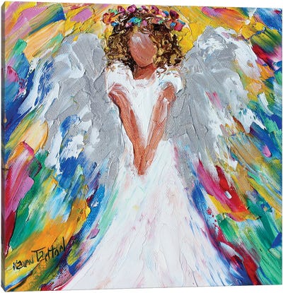 Sweet Angel With Halo Of Flowers Canvas Art Print - Angel Art