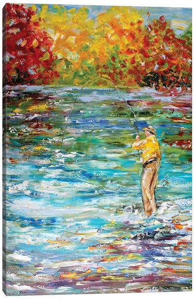 Young woman fly-fishing in river Wall Art, Canvas Prints, Framed