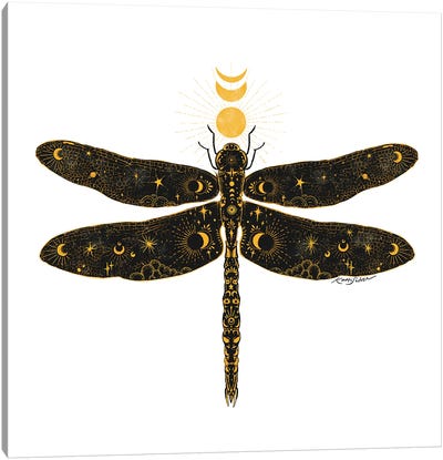 Celestial Dragonfly Canvas Art Print - Black, White & Yellow Art