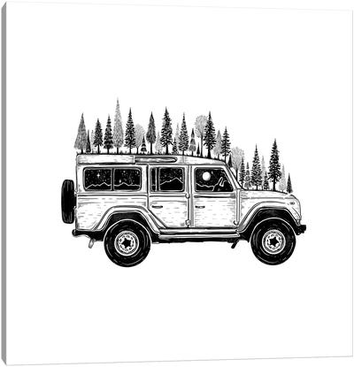 Forested Jeep Canvas Art Print - Camping Art