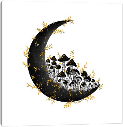 Golden Mushroom Moon Canvas Art Print - Mushroom Art