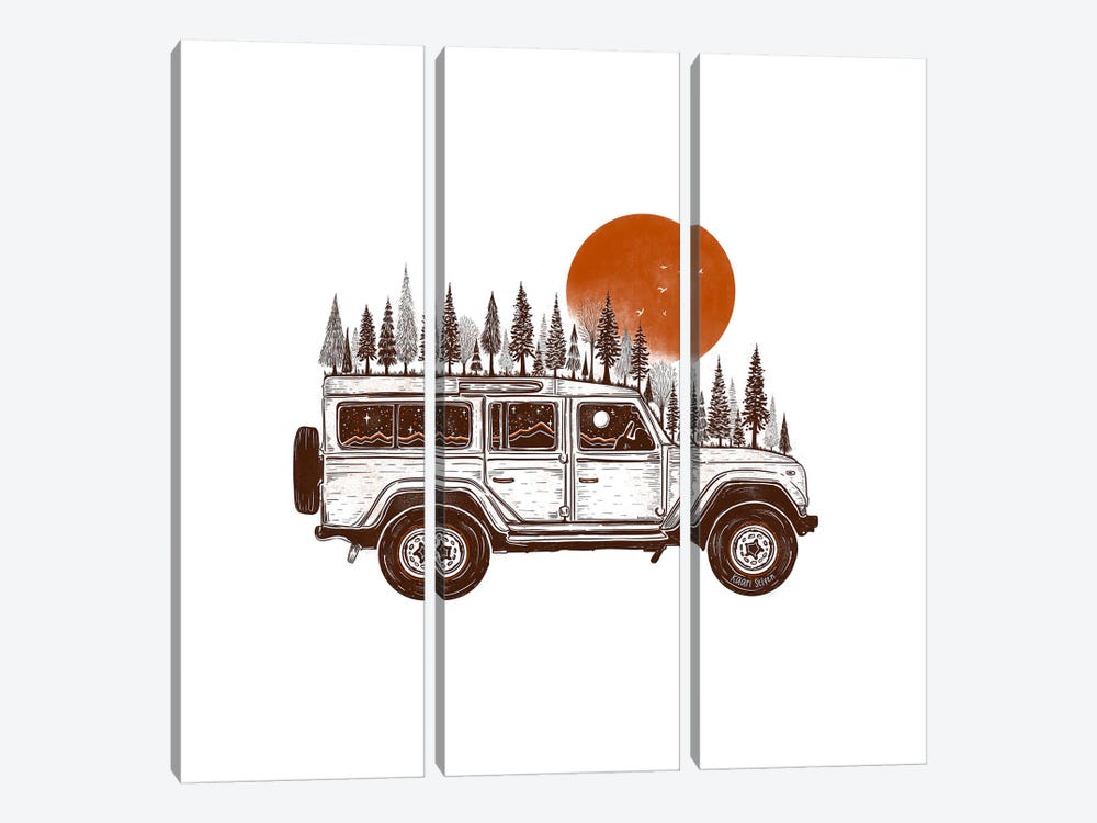 Autumn Sun Forested Jeep by Kaari Selven 3-piece Art Print