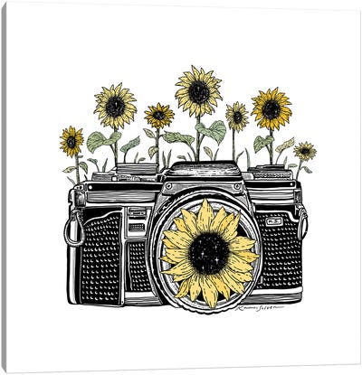 Sunflower Camera In Color Canvas Art Print - Black, White & Yellow Art