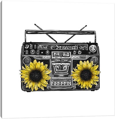 Sunflower Stereo Canvas Art Print - Black, White & Yellow Art