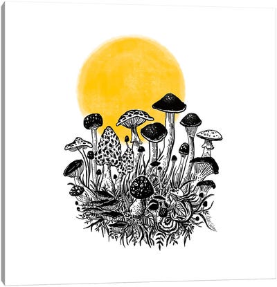 Mushroom Dawn Canvas Art Print - Black, White & Yellow Art