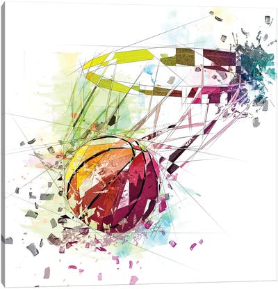 Basketball And Net Canvas Art Print - Large Colorful Accents
