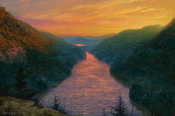 Pine Trees: Sunset Over Ausable Lake From Indian Head by Ken Salaz