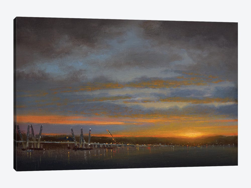 Sunset Over New Bridge Construction - Tarrytown, August 2016 by Ken Salaz 1-piece Art Print
