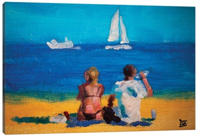 Two On The Beach Canvas Art Print - Blue Art