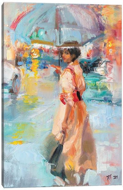 Unknown Girl Under The Umbrella Canvas Art Print - Strolls in the City