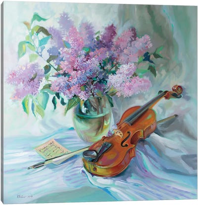 Bouquet Of Lilacs And Violin Canvas Art Print - Lilac Art