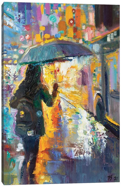 At The Bus Stop In The Rain Canvas Art Print - Katharina Valeeva