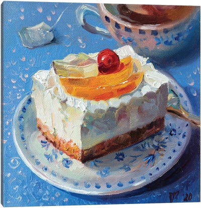 Fruit Cheesecake With Tea Canvas Art Print - Cake & Cupcake Art