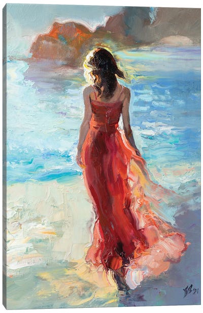 Girl In Red By The Sea Canvas Art Print