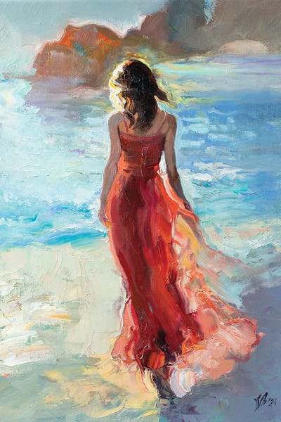 Beaches: Girl In Red By The Sea by Katharina Valeeva