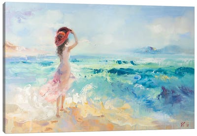 Girl In Red Hat On The Beach Canvas Art Print - 3-Piece Beach Art