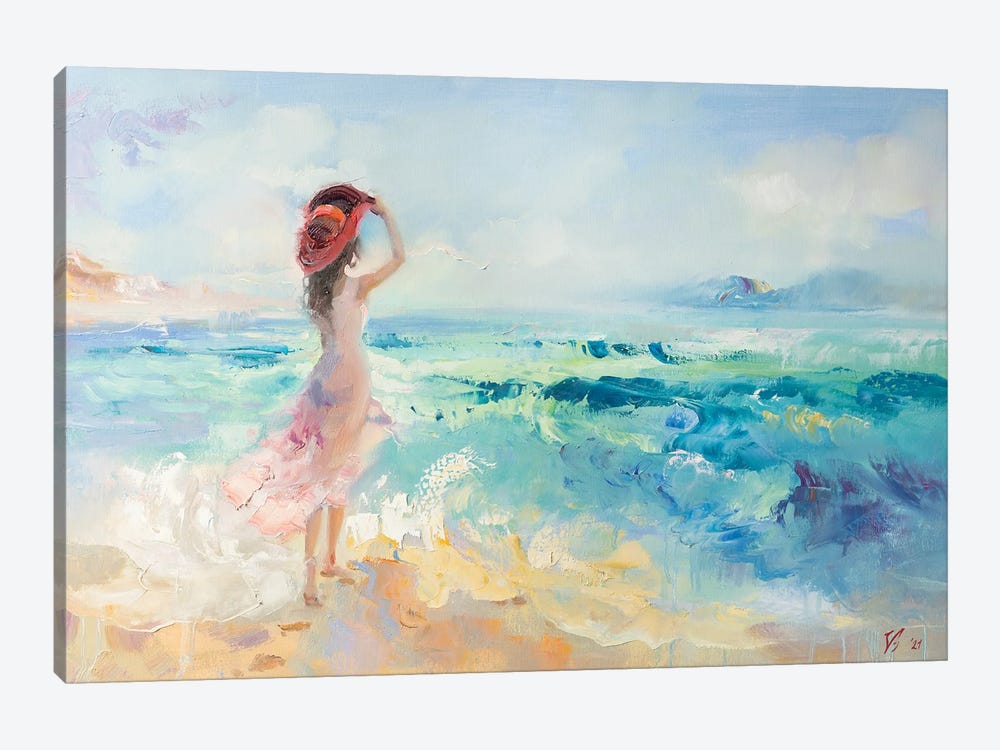 Girl In Red Hat On The Beach by Katharina Valeeva 1-piece Canvas Wall Art