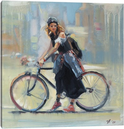 Girl With A Bicycle Canvas Art Print - Katharina Valeeva