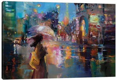 Rain On A City Street Canvas Art Print - Umbrella Art