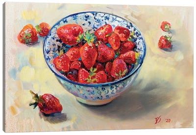 Strawberries In A Blue White Cup Canvas Art Print - Katharina Valeeva