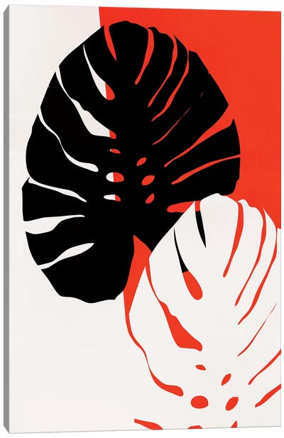 Monstera Leafs - Red Canvas Art Print - Kubistika