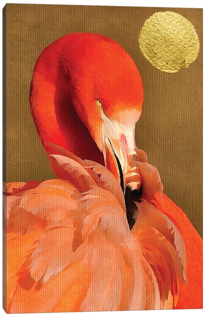 Flamingo With Golden Sun Canvas Art Print - Flamingo Art