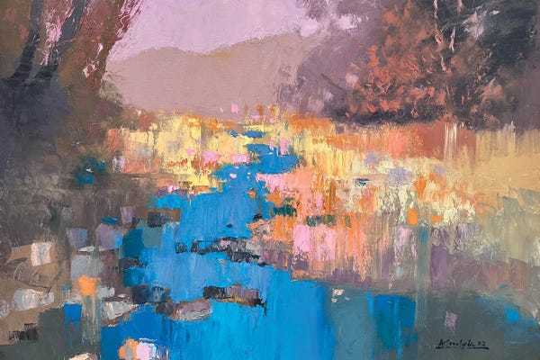 Pastel Impressionism: Abstract Landscape Mountain River by Andrii Kovalyk