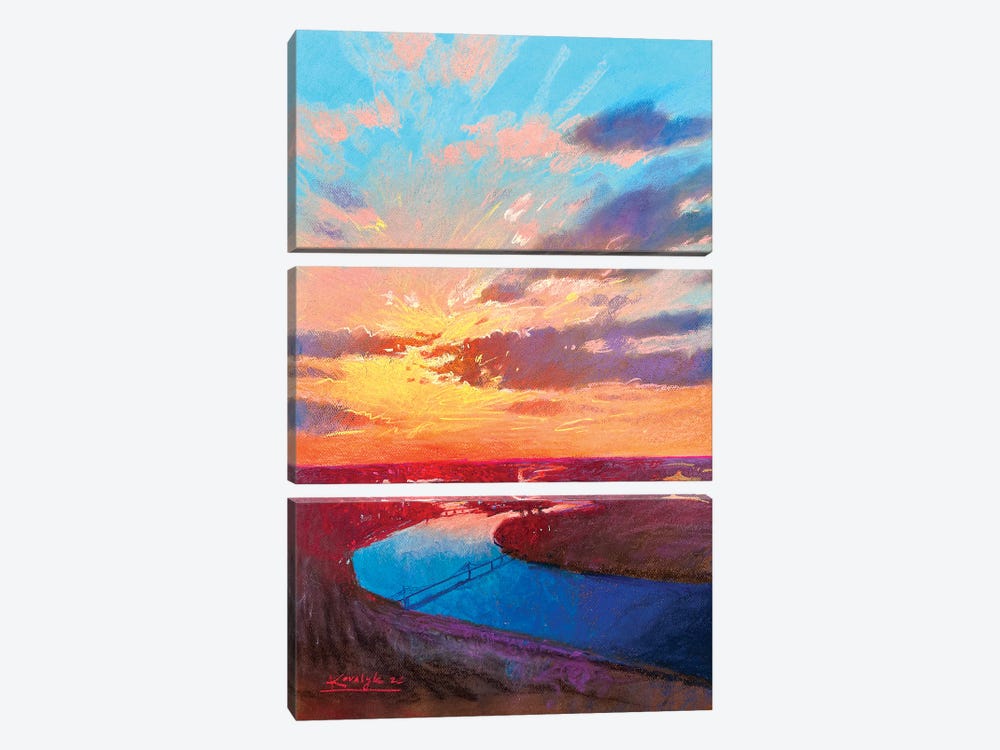 Sunset Over The Dnipro River In Kyiv by Andrii Kovalyk 3-piece Canvas Print