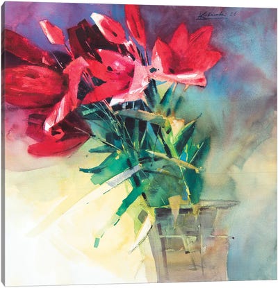 Modern Still Life With Red Lilies In Vase Canvas Art Print - Andrii Kovalyk