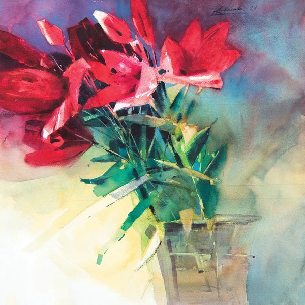 Lilies: Modern Still Life With Red Lilies In Vase by Andrii Kovalyk