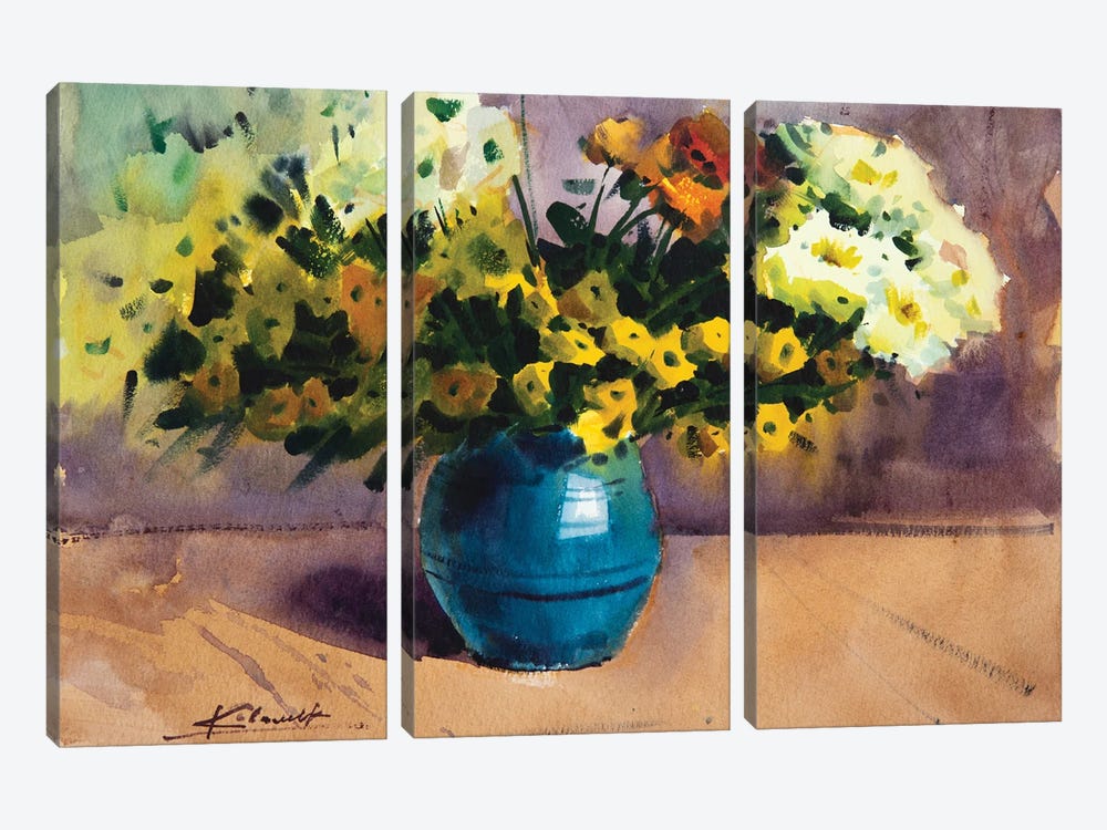 Flowers In Blue Vase by Andrii Kovalyk 3-piece Canvas Wall Art