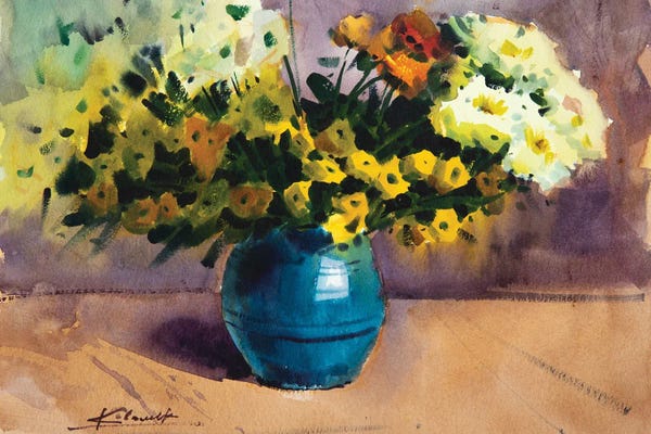 Andrii Kovalyk: Flowers In Blue Vase by Andrii Kovalyk
