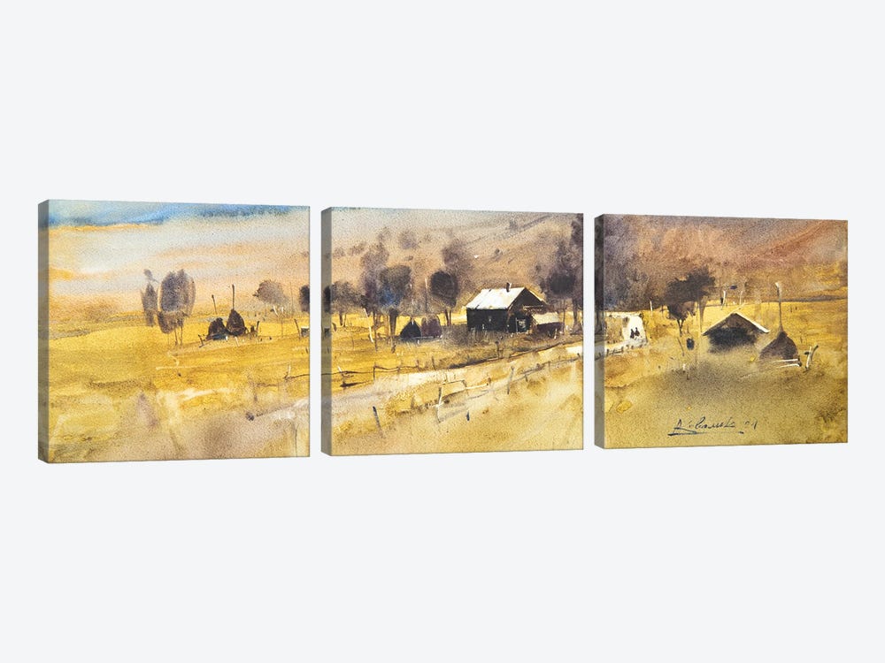 Landscape Painting With Houses In Mountains by Andrii Kovalyk 3-piece Canvas Art