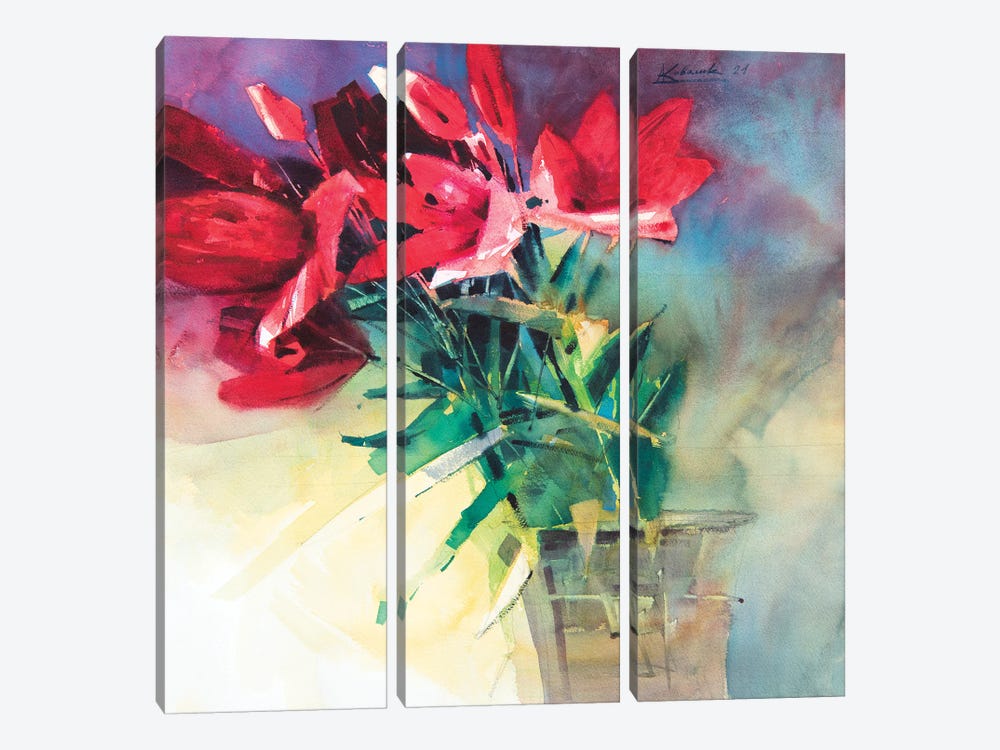 Red Lilies In A Vase by Andrii Kovalyk 3-piece Canvas Art Print