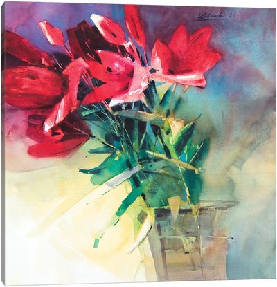 Red Lilies In A Vase Canvas Art Print - Andrii Kovalyk