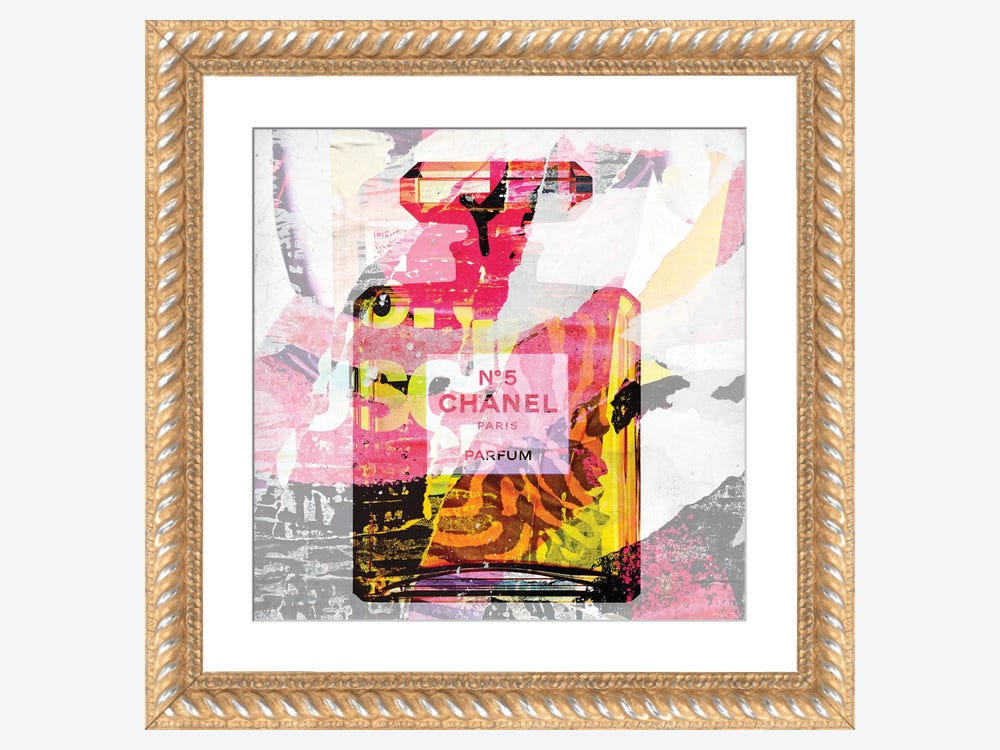 Framed Canvas Art (Champagne) - Chanel No 5 II by Karin Vermeer ( Fashion > Hair & Beauty > Perfume Bottles art) - 26x26 in
