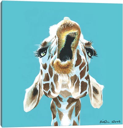 Giraffe On Turquoise Square Canvas Art Print - Kirstin Wood