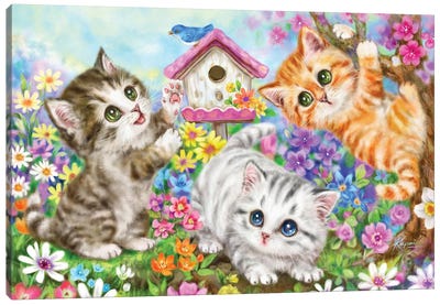 Birdhouse And Kittens Canvas Art Print - Kayomi Harai