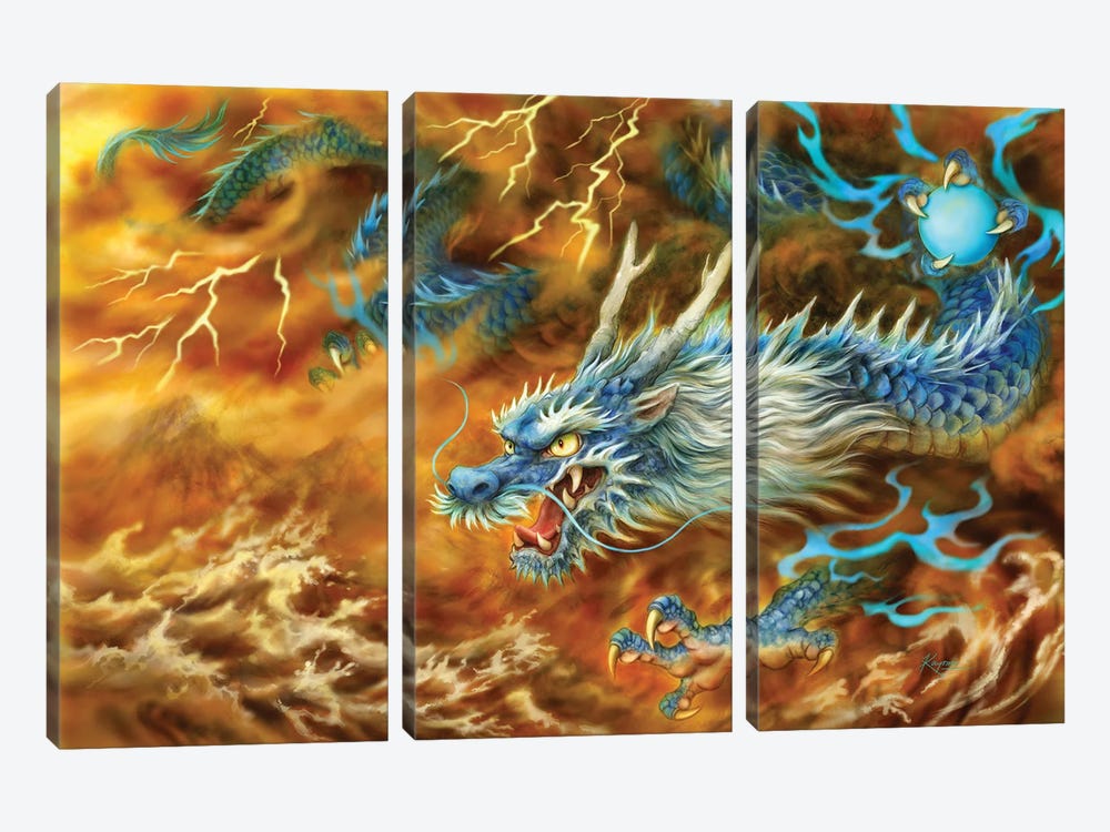 Blue Dragon Of The East by Kayomi Harai 3-piece Canvas Art Print