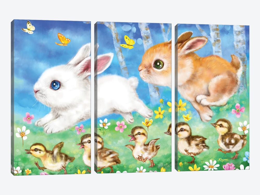 Bunnies And Ducklings by Kayomi Harai 3-piece Canvas Art Print