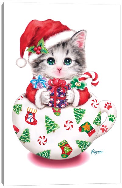 Cup Kitty Christmas Canvas Art Print - Christmas Animal Art
