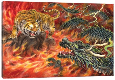 Dragon And Tiger In The Fire Canvas Art Print - Dragon Art