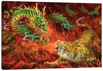 Dragon Vs Tiger On Fire Canvas Art Print - Mythical Creature Art