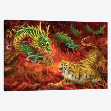 Dragon Vs Tiger On Fire Canvas Print #KYI171} by Kayomi Harai Canvas Print