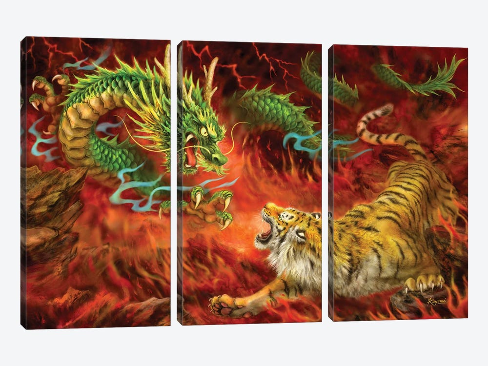 Dragon Vs Tiger On Fire by Kayomi Harai 3-piece Canvas Artwork
