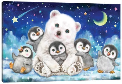Polar Bear And Penguins Canvas Art Print - Polar Bear Art