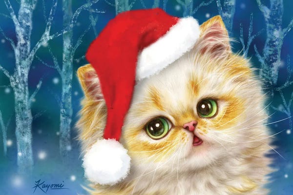 Christmas Animals: Santa Kitten In Forest by Kayomi Harai