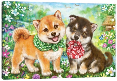 Shiba Puppies First Errand Canvas Art Print - Kayomi Harai